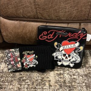 New Ed Hardy Black and Red Skull Headband with gloves and wristlet bag